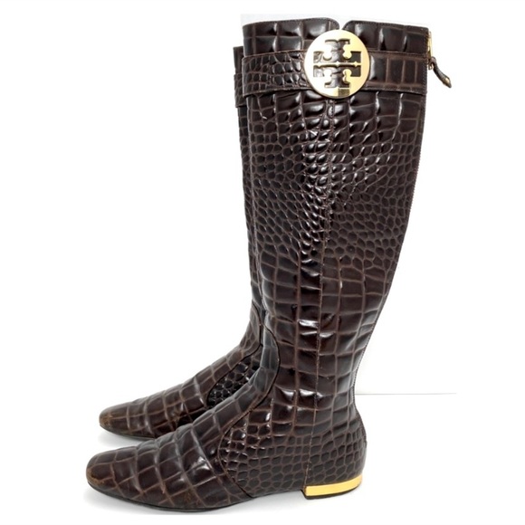 TORY Burch Croco Embossed Leather Knees-high Riding Boot in Brown - Picture 7 of 11